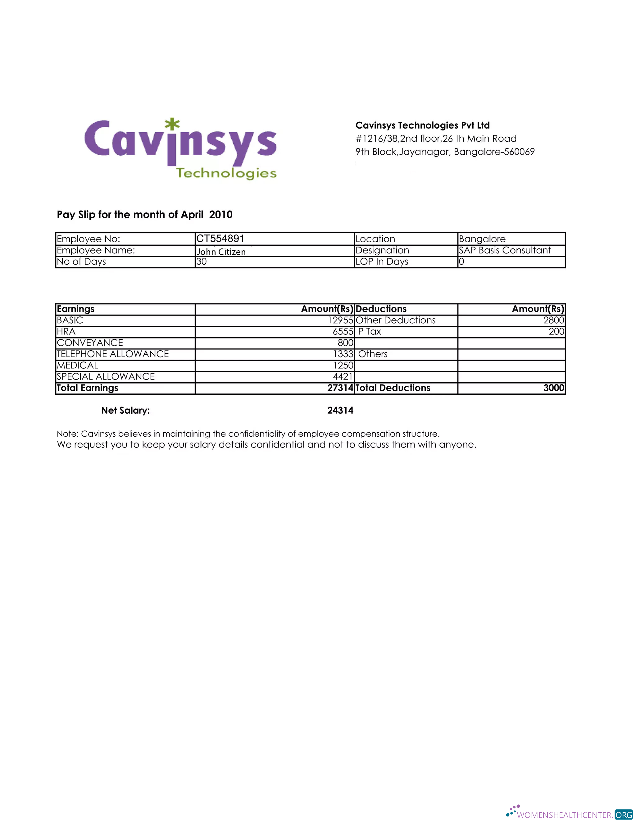 Download INDIA CAVINSYS Technologies Pvt Ltd payslip in Word and PDF formats Photoshop template